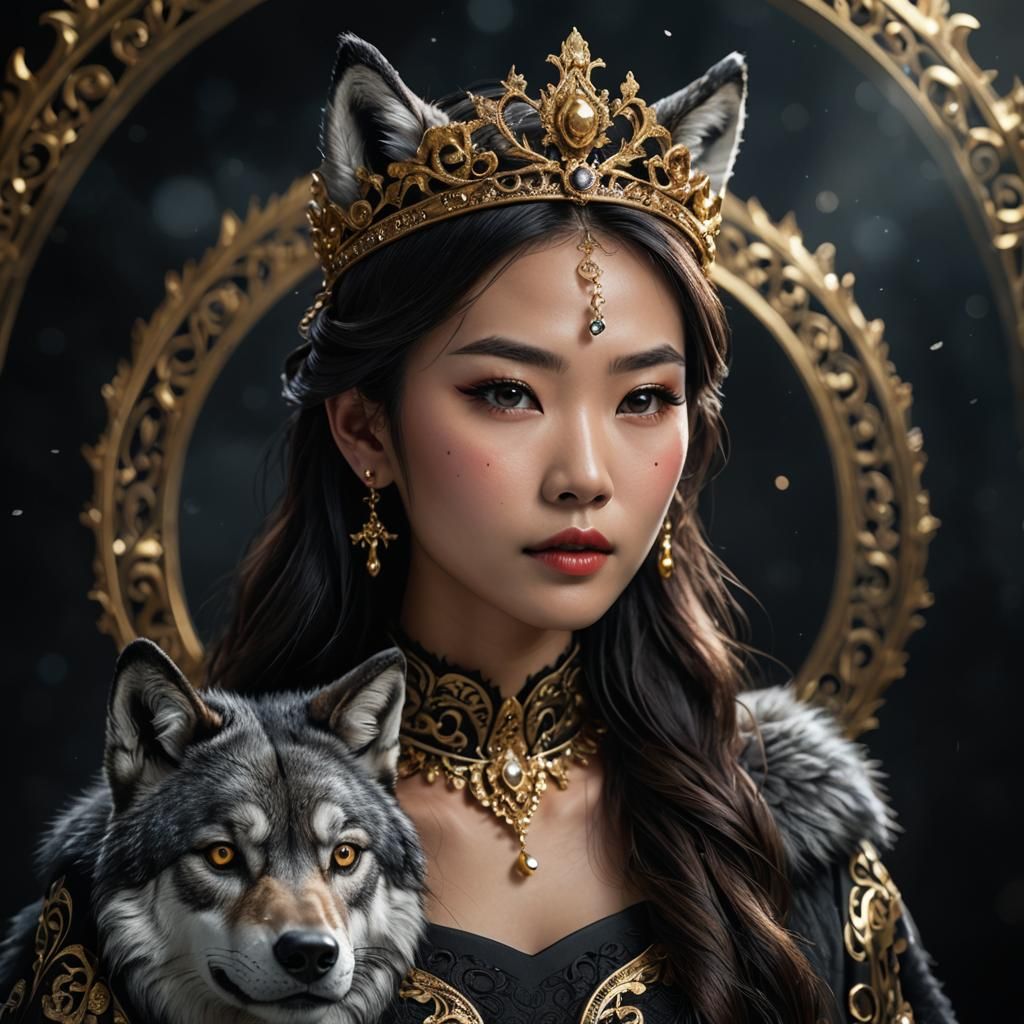 Dark Fantasy Wolf Maiden in Gold Embossed Splendor
