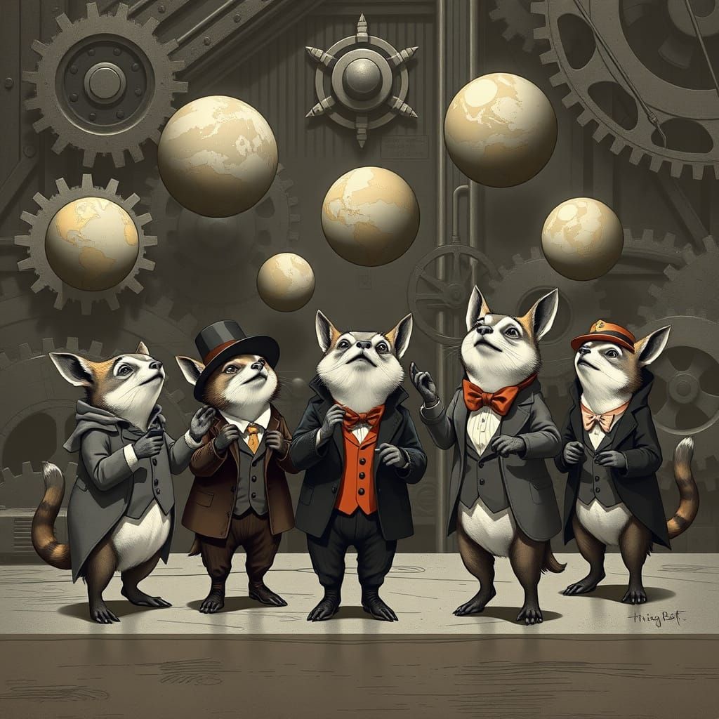 Anthropomorphic Friends Juggle Planets in Industrial Wonderl...