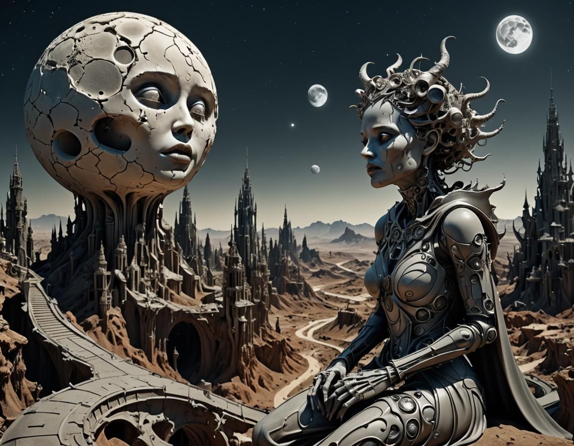 Distressed Woman in the Moon: Surreal Digital Art