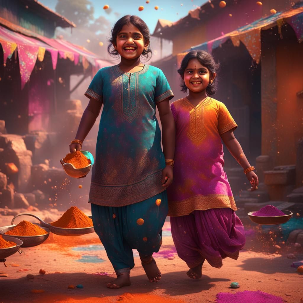 Indian Girls Celebrate Holi: Detailed Fantasy Art
