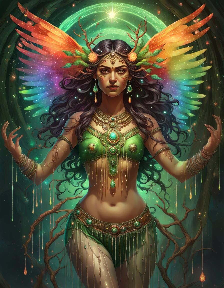 Indian Goddess with Rainbow Branches and Creepy Wings