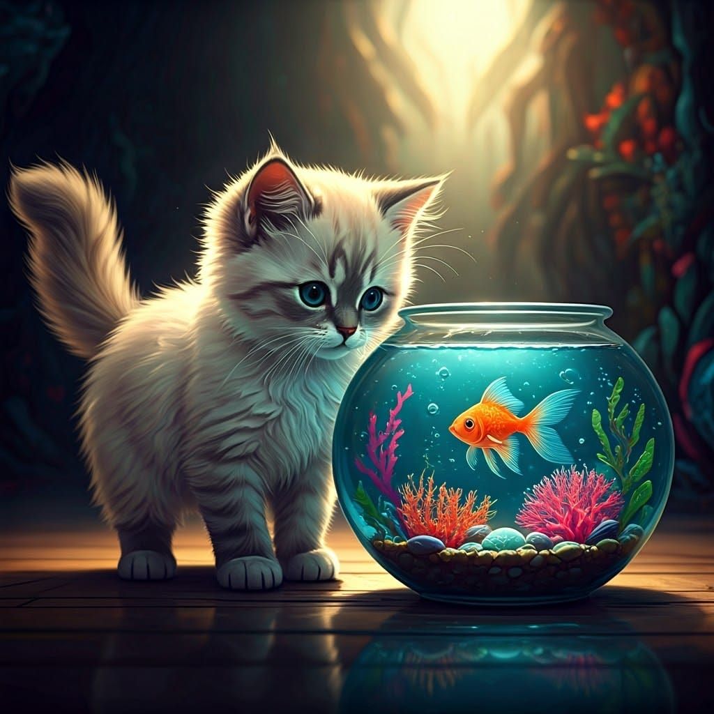 Whimsical Fantasy Scene: Kitten Enthralled by Fish in Ornate...