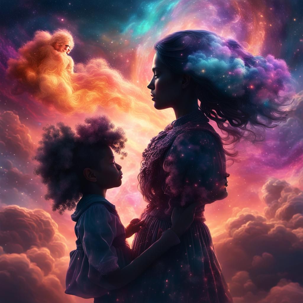 Mother Daughter in Vibrant Cosmic Clouds