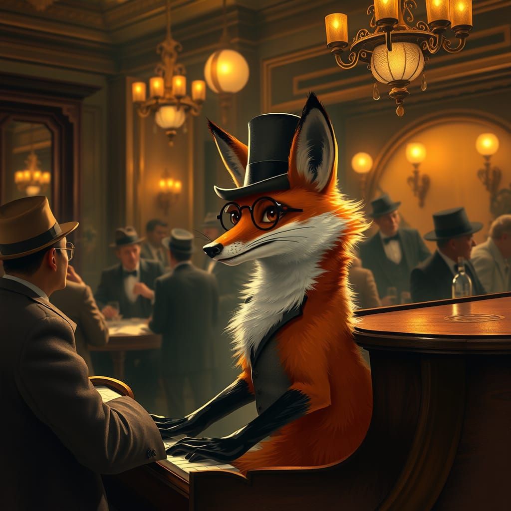 Whimsical Fox in Grand Piano Setting, Inspired by Vintage Ho...