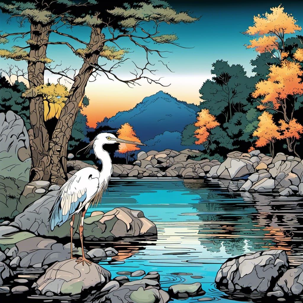 Anime-Style Night Landscape with Heron Reflection