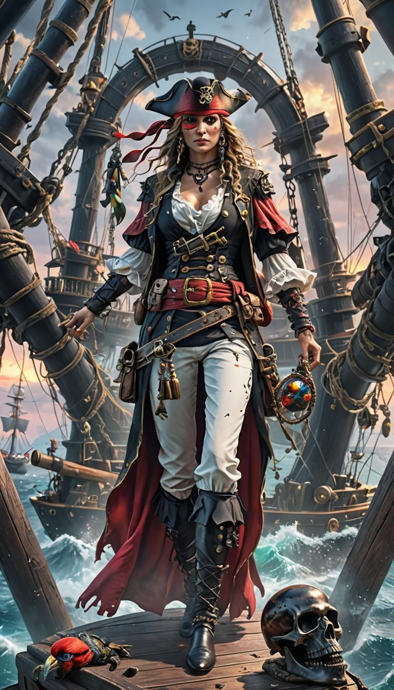 Pirate Goddess Captain on Ship in Epic Sunset