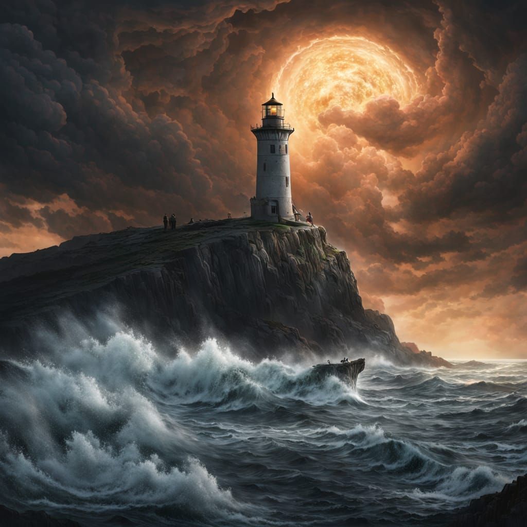 Cosmic Lighthouse Amidst Tempest and Sea Monsters