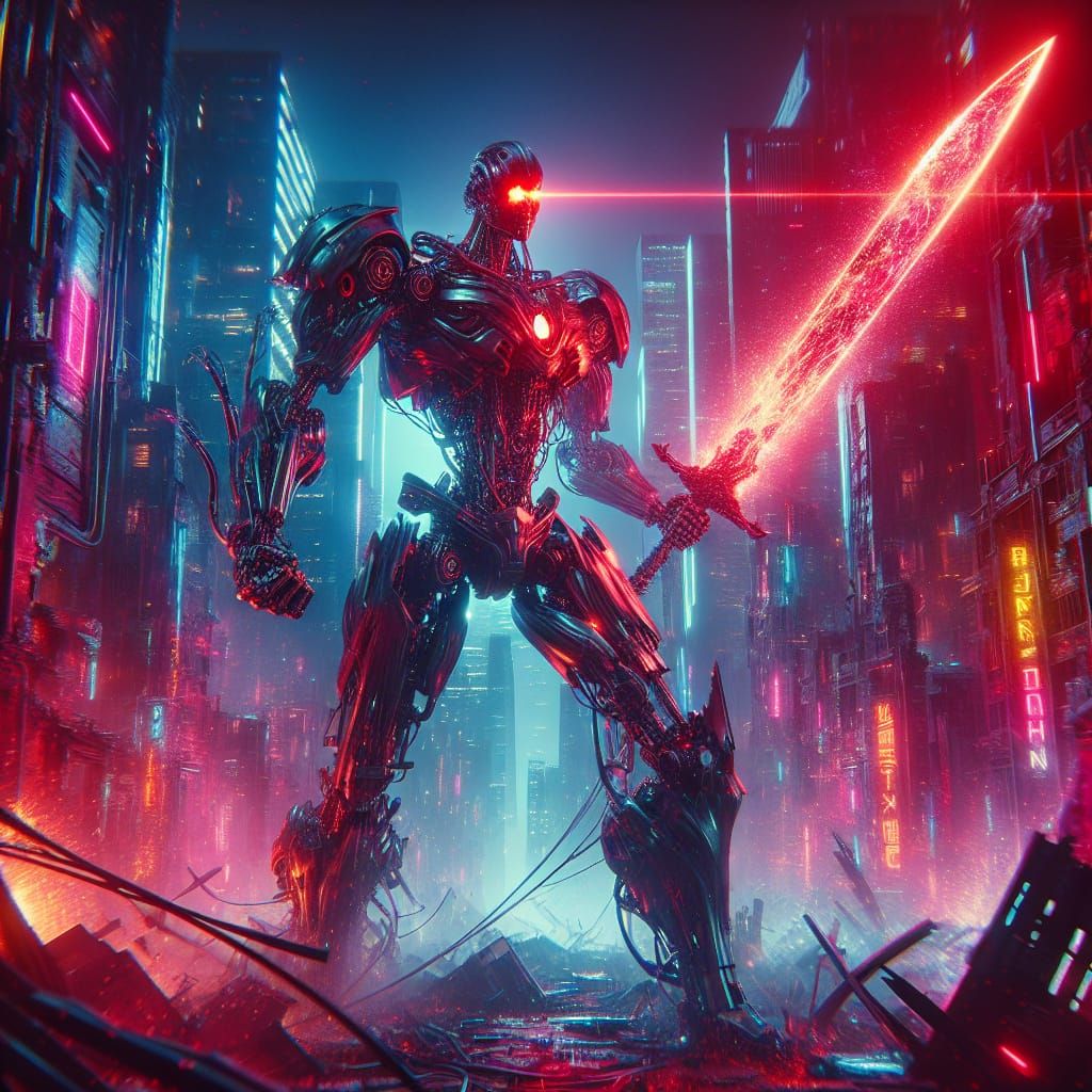 Cybernetic Behemoth Amidst Neon-Lit Ruins in Cyberpunk Style