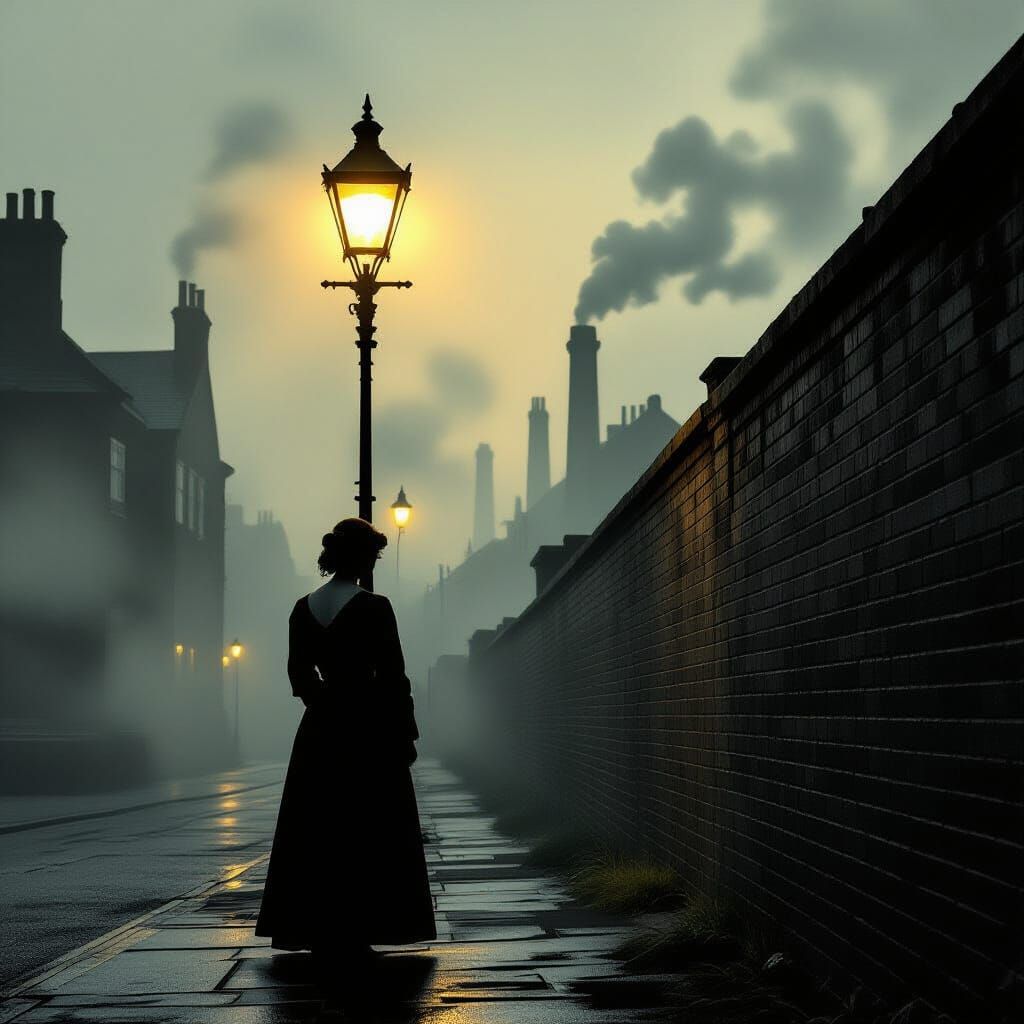 Victorian Woman in Industrial London Fog