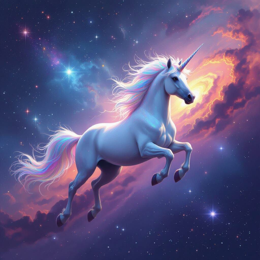 Unicorn Soaring Through Galaxy in Cosmic Surrealism Style