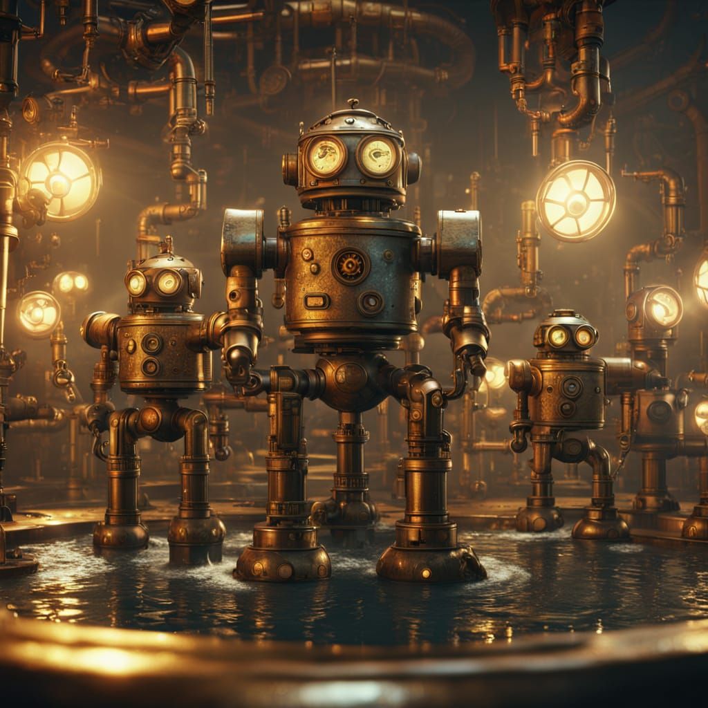 Steampunk Water Fountain Surrounded by Robots