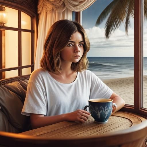 Jenna coleman in a beach house laying on a coach in white t-shirt and swimsuit botto
m drinking a cup of coffeeEpic cine...