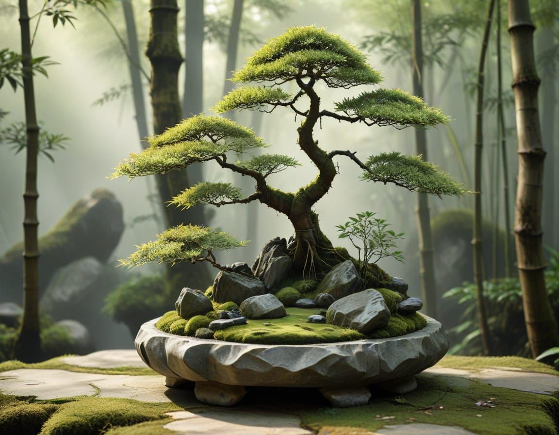 Bonsai Tree in Zen Garden as Ink Wash Painting