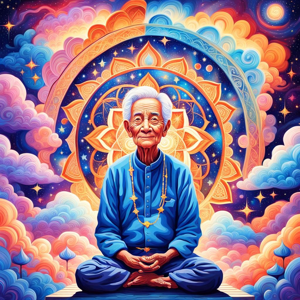 Cosmic Surrealist Art: Elderly Person in Astral Projection