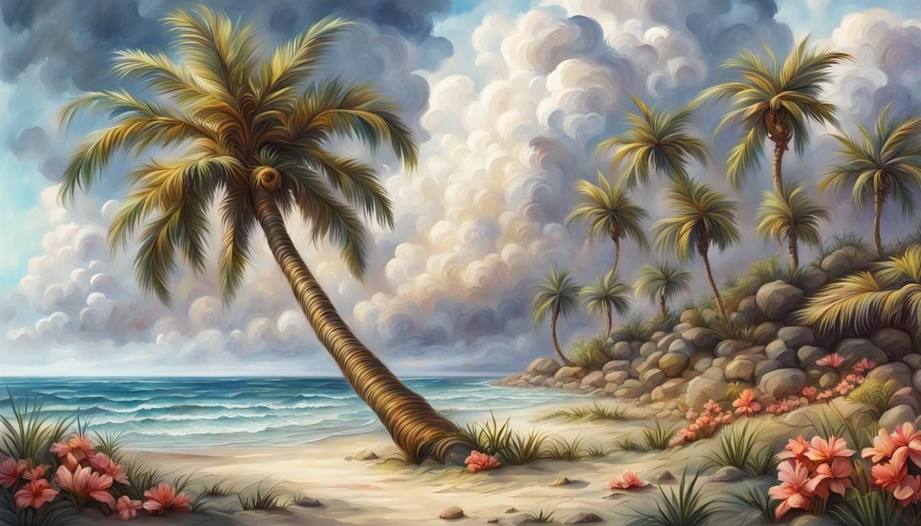 Fantasy Palm Tree Painting on Flower Beach