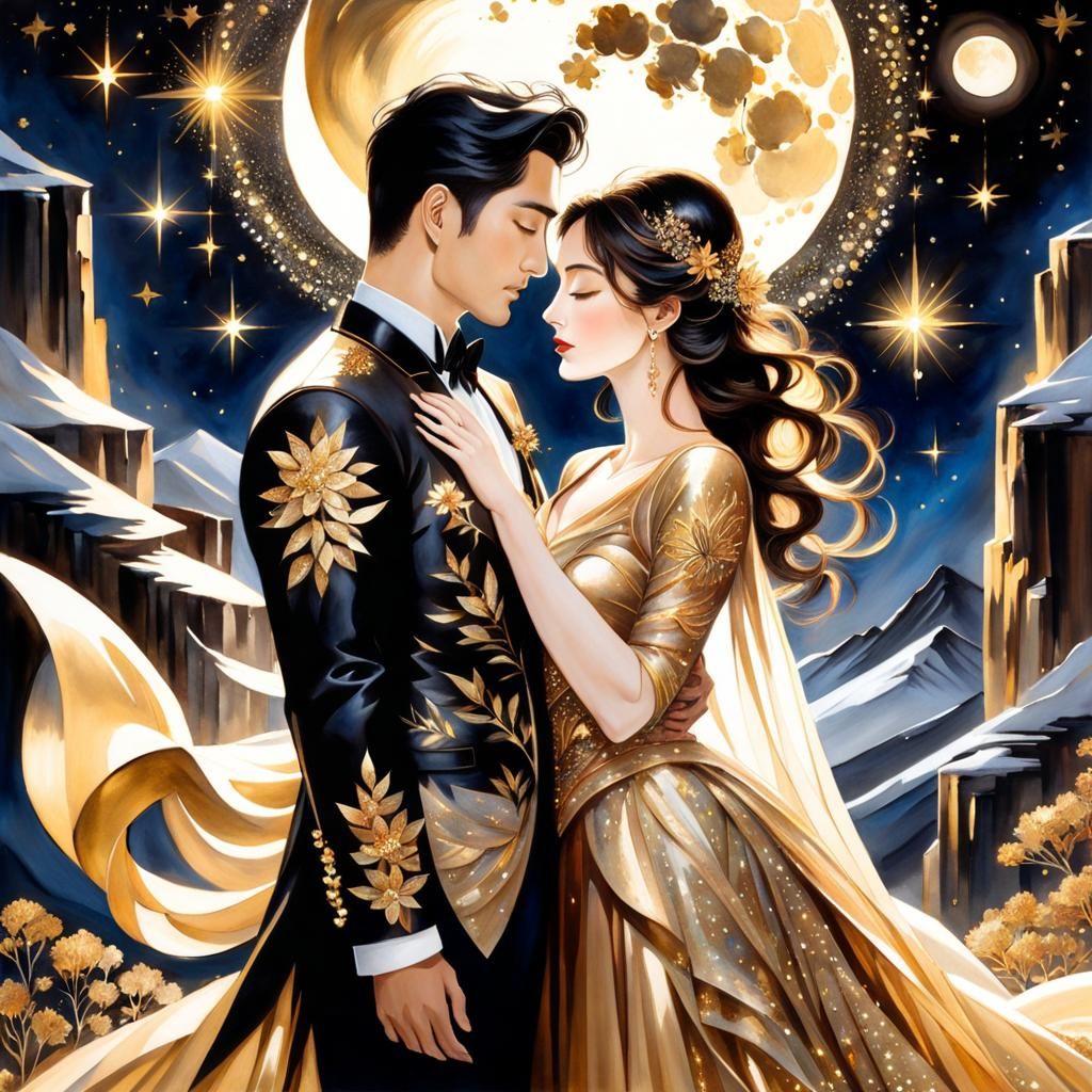 Romantic Couple in Moonlit Landscape, Watercolor Painting