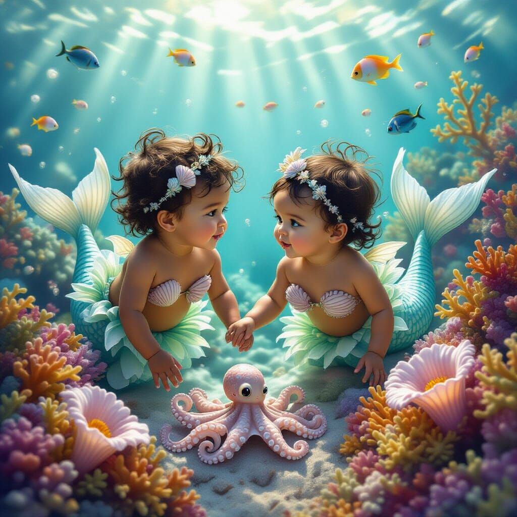 Mermaid Siblings Explore Coral Reef in Dreamy Landscape