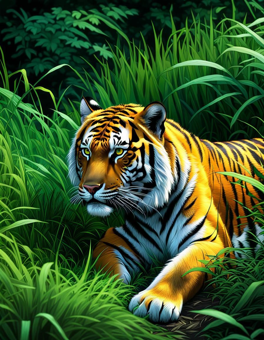 Tiger Stalking Prey in Wilderness, Photorealistic Art
