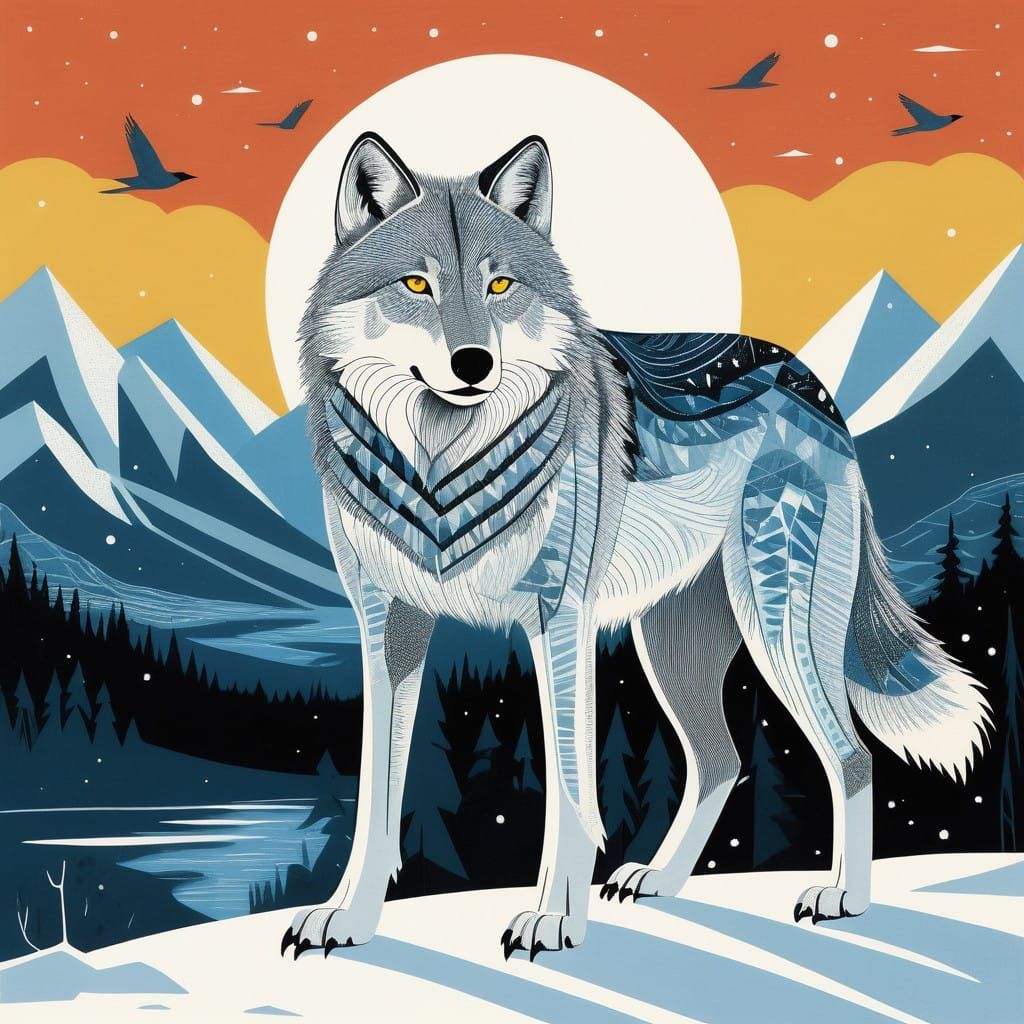 Majestic Arctic Wolf in a Vibrant, Whimsical Landscape