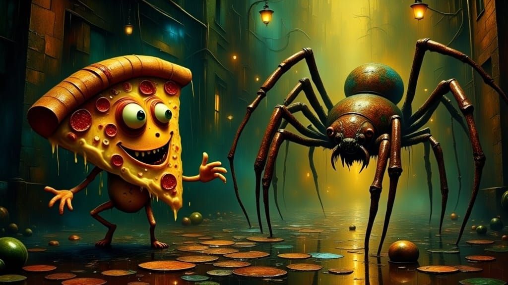 Sentient Pizza Slice Stares Down Pizza Cutter in Noir Alley