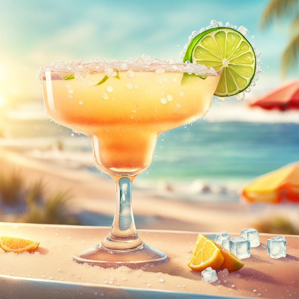 Vibrant Margarita Cocktail on Beach, Watercolor Style