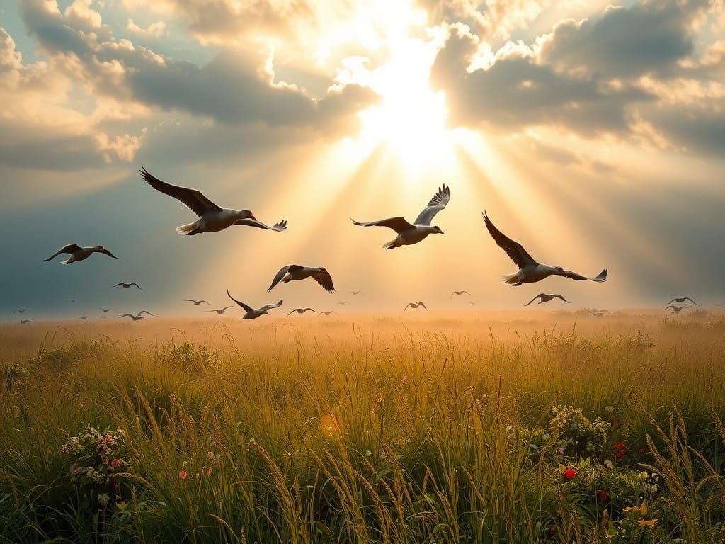 Ethereal Geese in Flight, an 18th Century Oil Painting-Inspi...