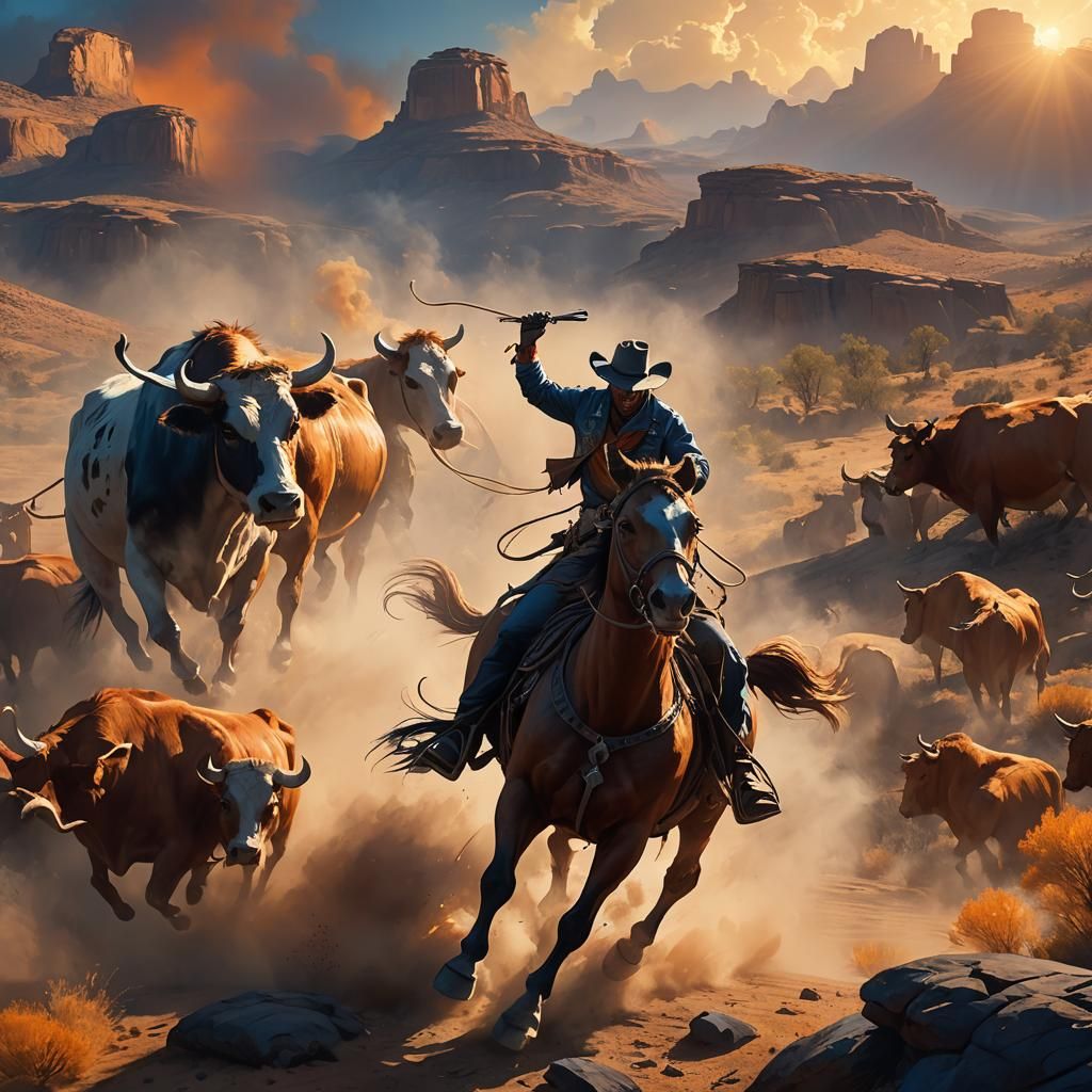 Cowboy Lassoing Cow in Western Fantasy Art