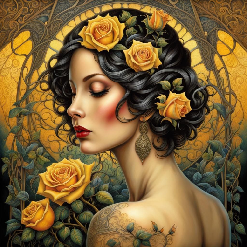 Art Deco Rose Tattoo on Woman's Back