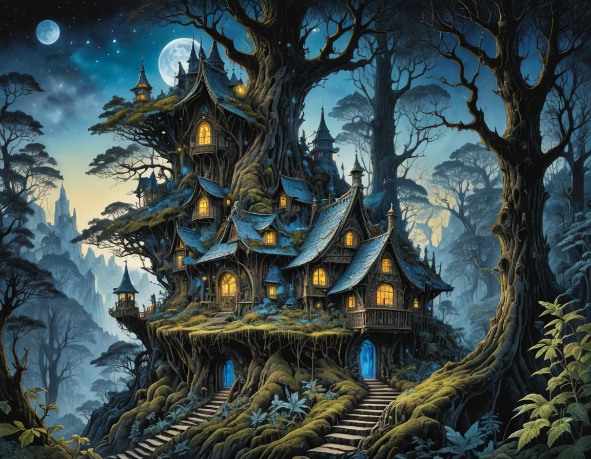 Eerie Fairy House in Cosmic Woods Ink Drawing