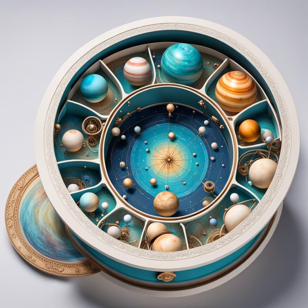 Intricate Orrery Inside Round Box