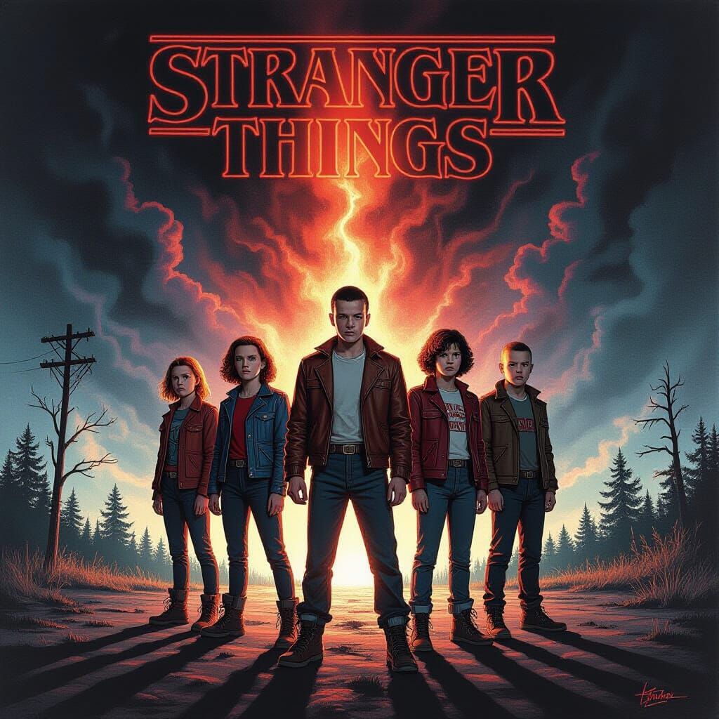 Stranger Things Cast in the Upside Down Charcoal Drawing