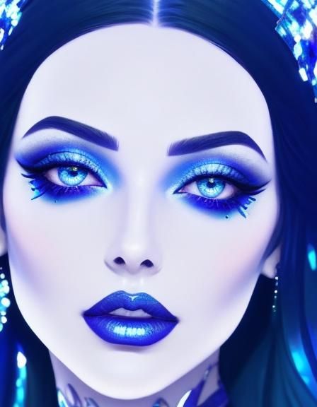 Ethereal beauty young lady with long black hair and crystal blue eyes with holographic cobalt blue eyeshadow with shimme...