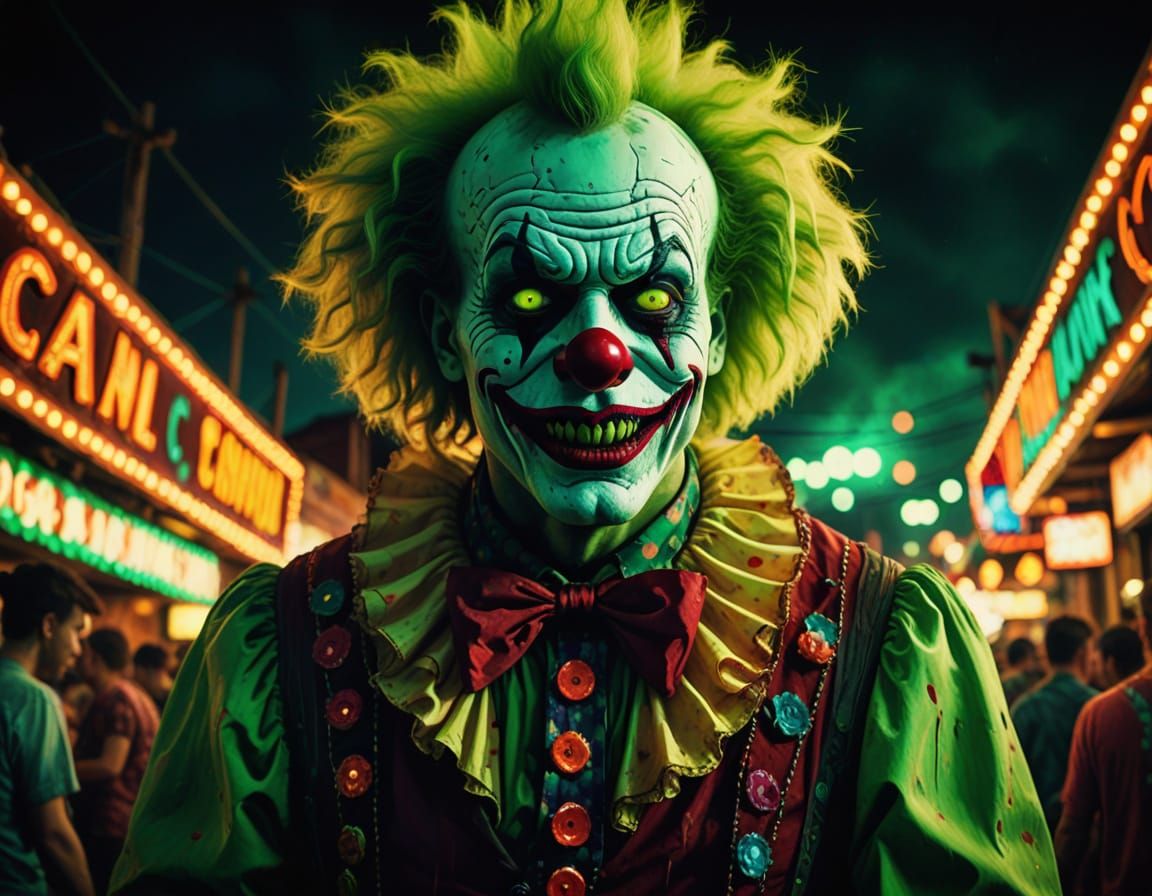 Radioactive Undead Clown in Surreal Carnival, Digital Art