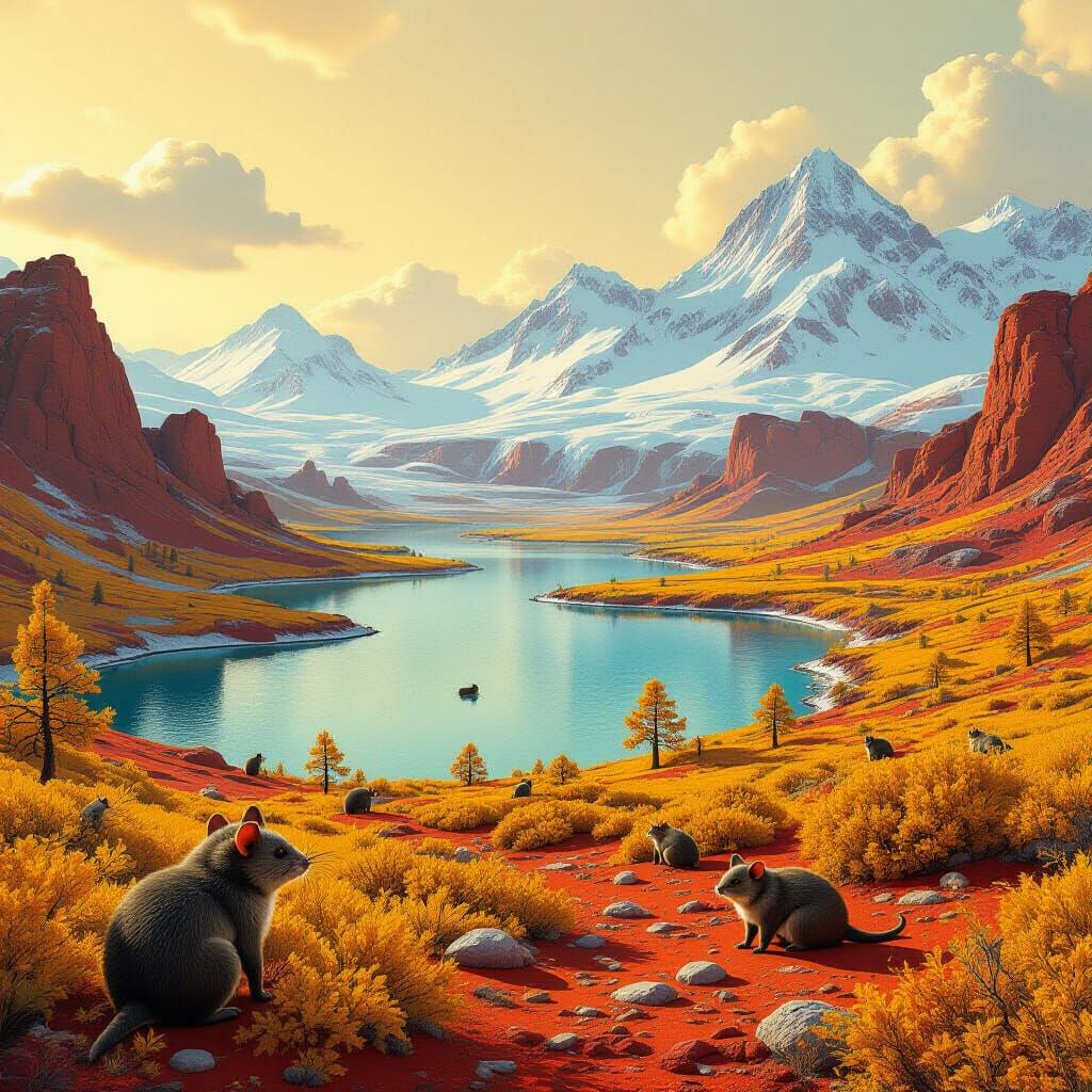 Crimson Martian Landscape with Green Lakes & Rat-Dog Creatur...