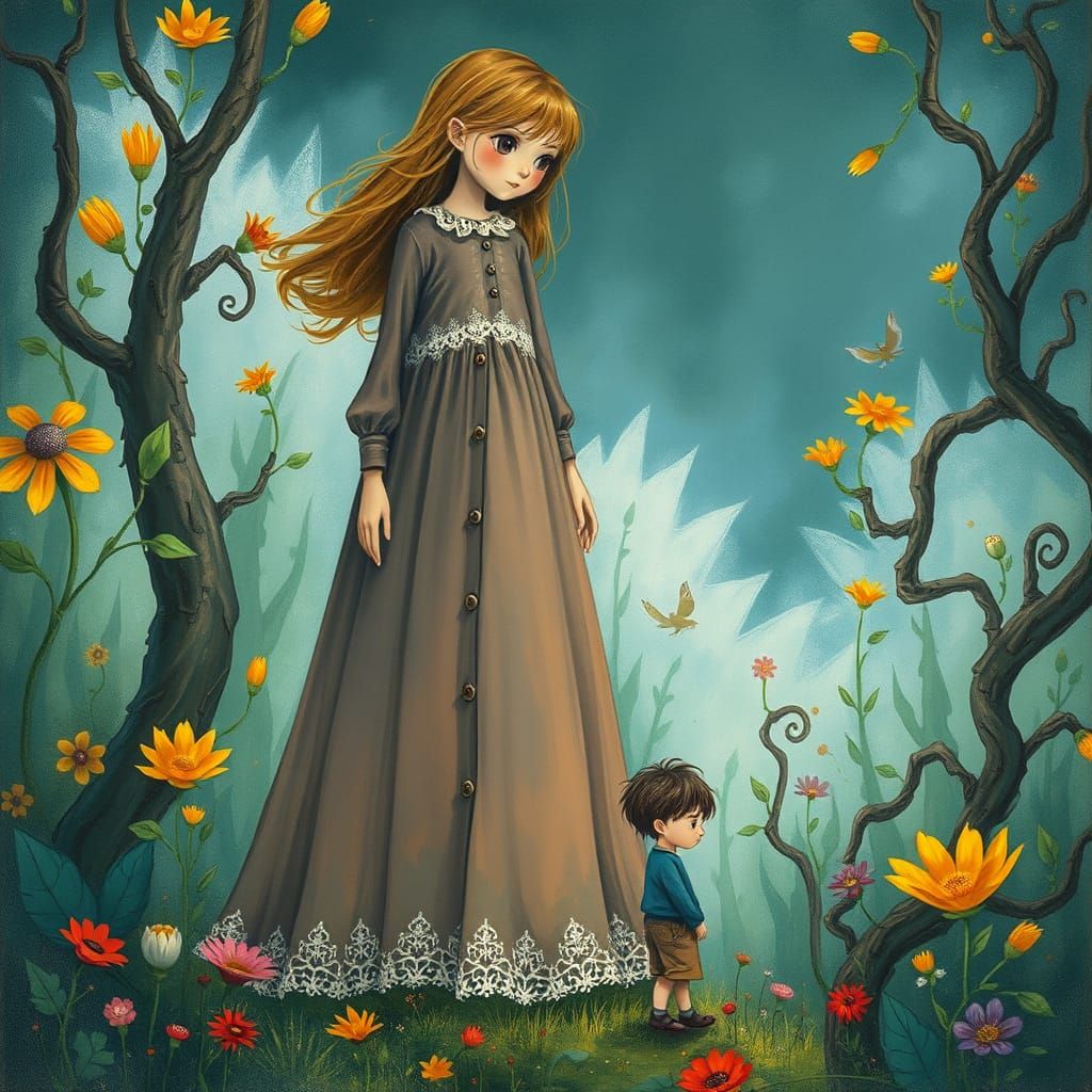 Tall Girl in Whimsical Forest, Children's Book Style