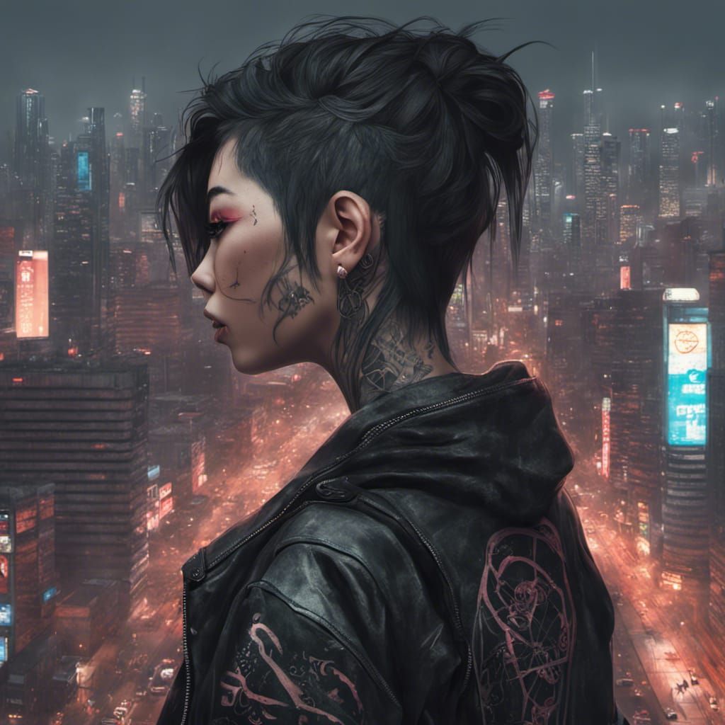 Cyberpunk Tattooed Woman Gazing at Neon City