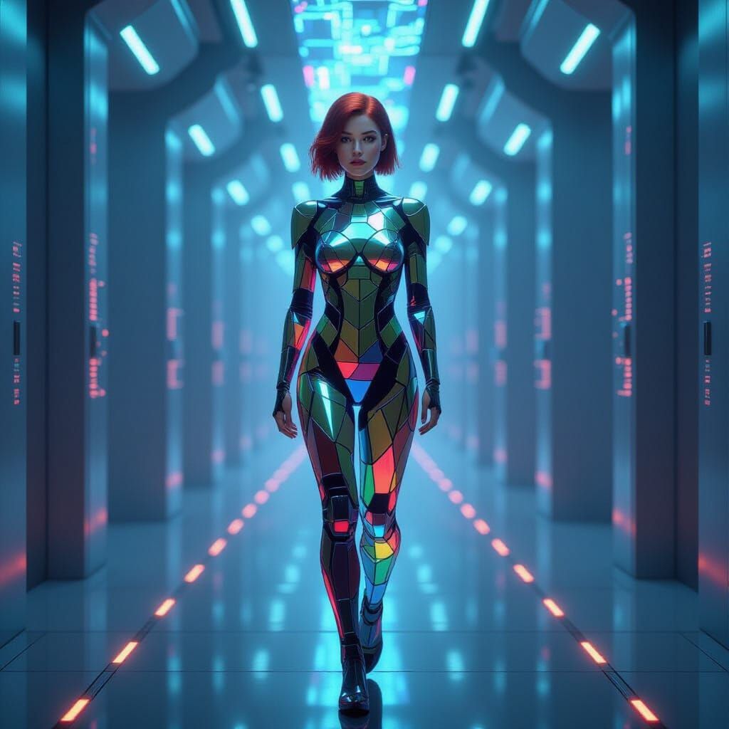 Futuristic Woman in Iridescent Stained Glass Bodysuit