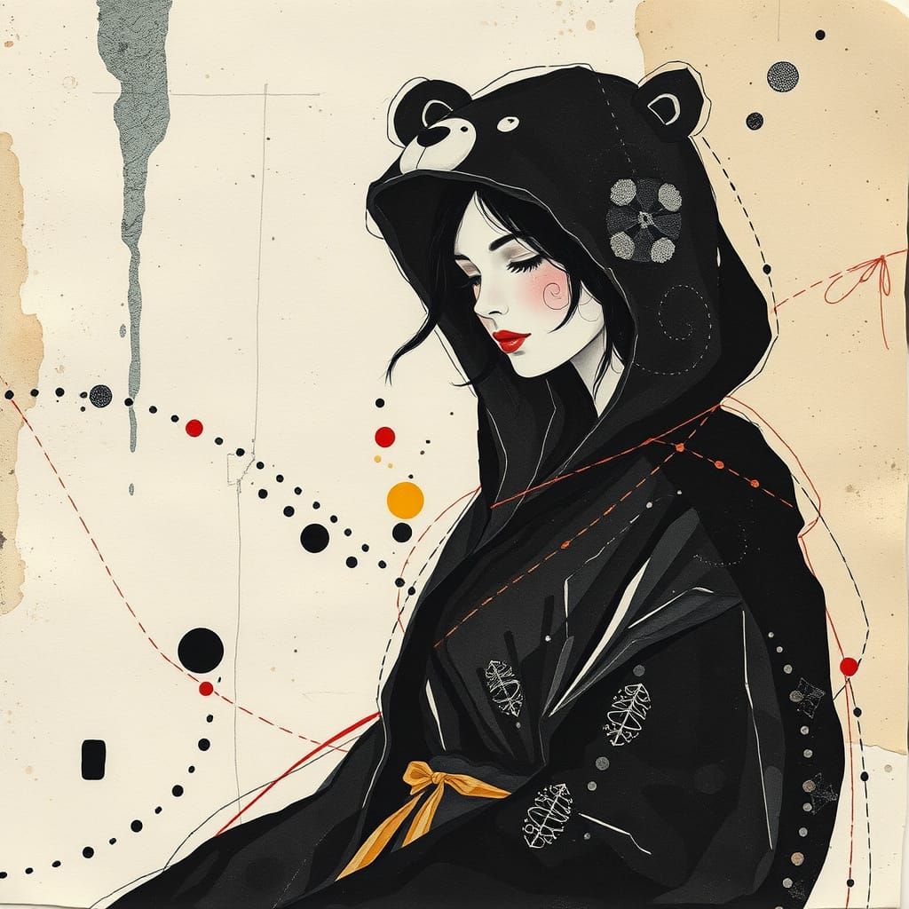 Woman in Dark Constructivist Bear Costume with Ink Stains