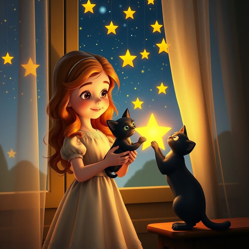 Girl with Luminous Star and Cat in Dreamy Night Scene