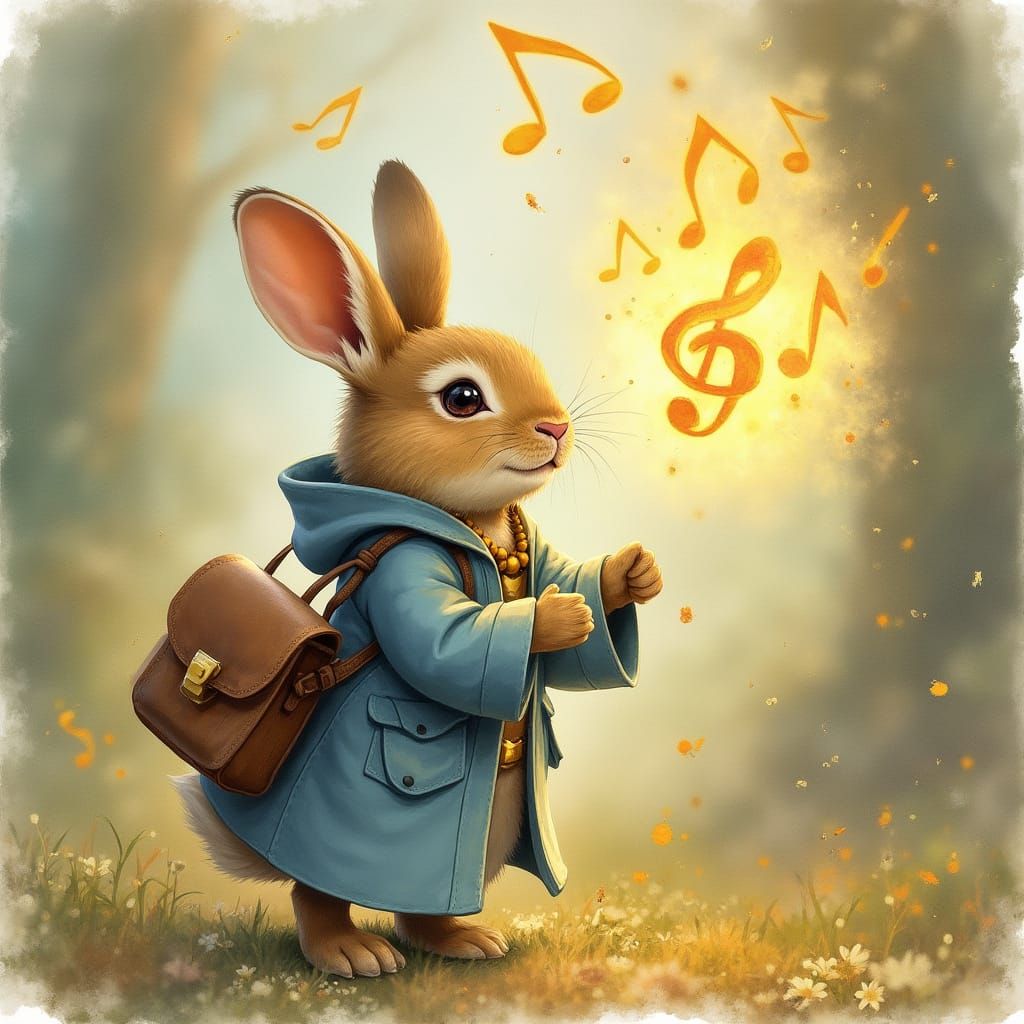 Cute Bunny Releases Musical Notes in Watercolor Style