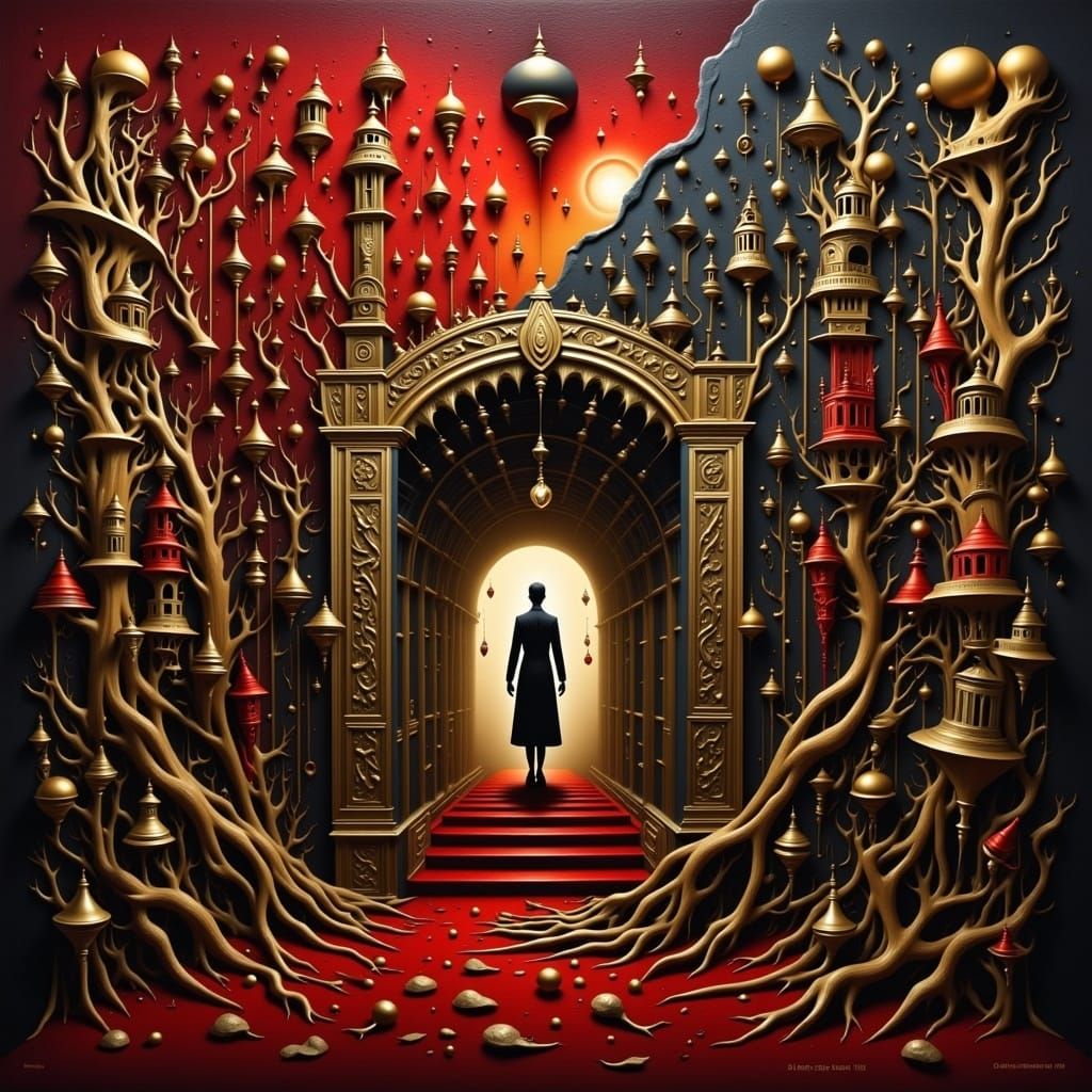 Surreal Hidden Presence Painting in Crimson and Gold