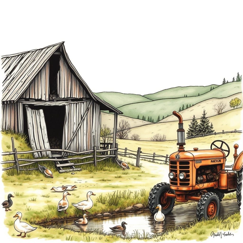 Rustic Farm Scene in Watercolor