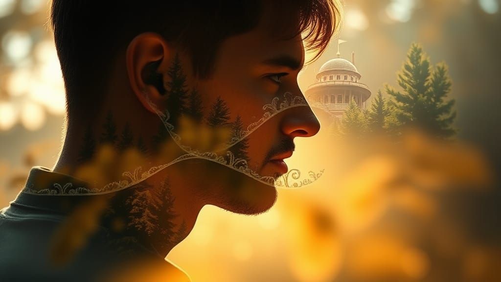 Double Exposure Dreamscape in Ethereal Golden Light