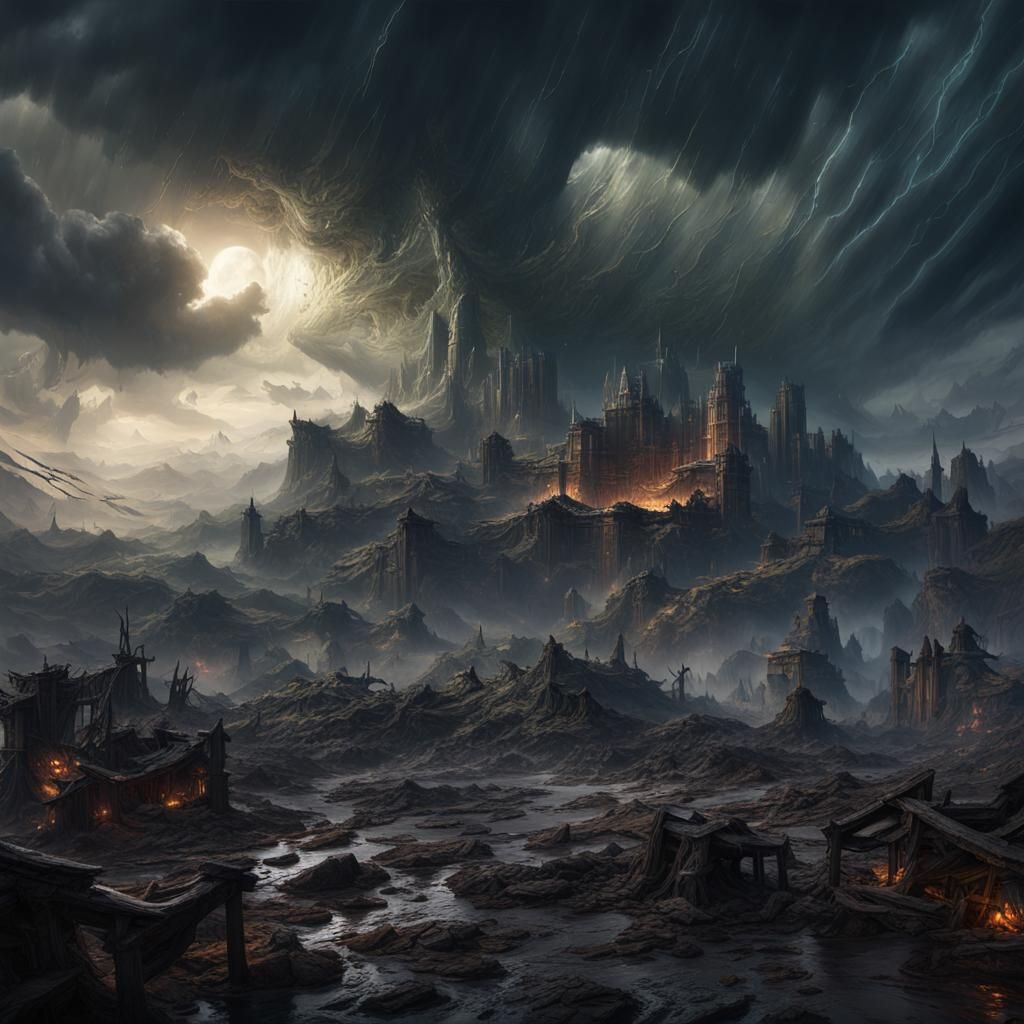 Dark Horse in Stormy, Apocalyptic Landscape