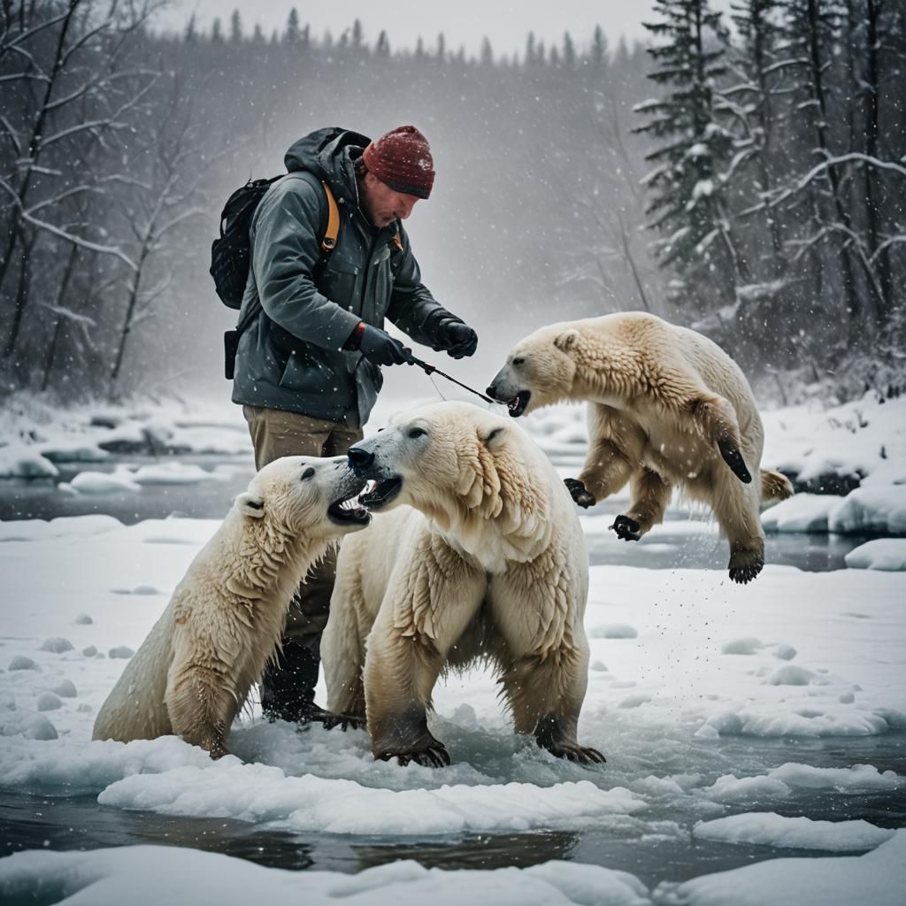 Polar Bear Trout Fishing in Snowfall: Cinematic Film
