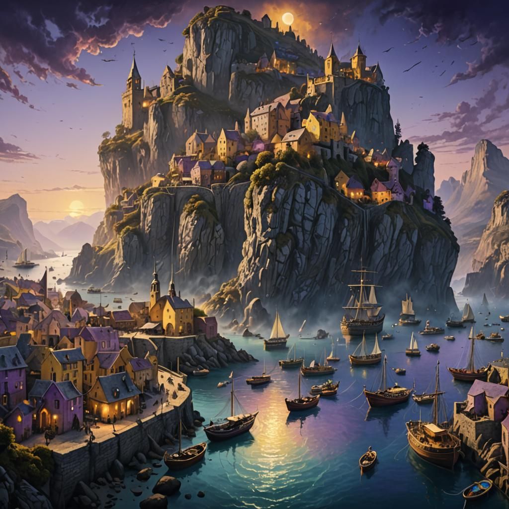 Fantasy Harbour Sunset: Hyperrealistic Aerial Landscape