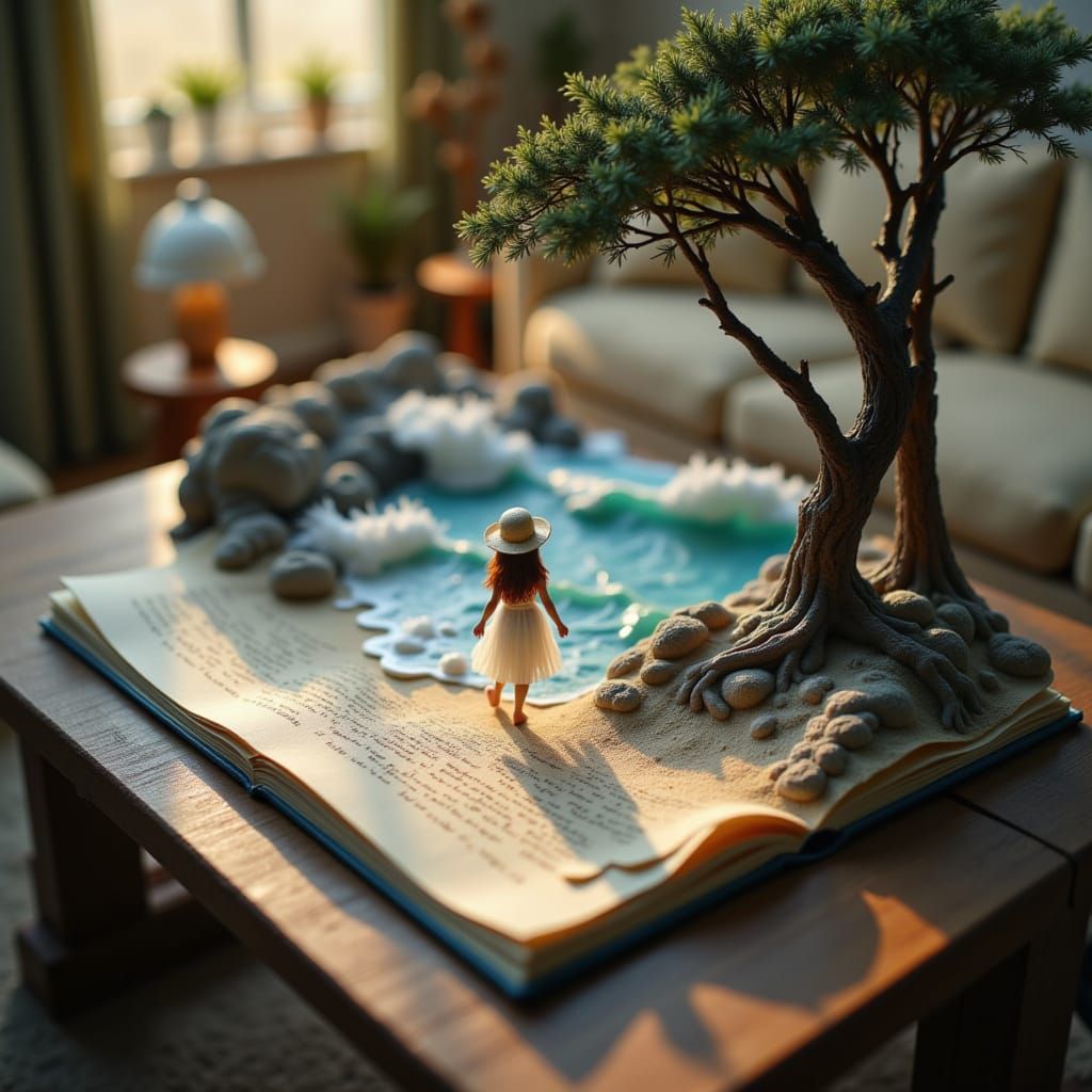 Create an image of a photorealistic, ultra-detailed top-down close-up of a 3D diorama embedded in an open sketchbook lyi...