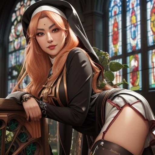 Surreal Art Nouveau Goddess with Stained Glass Windows and A...