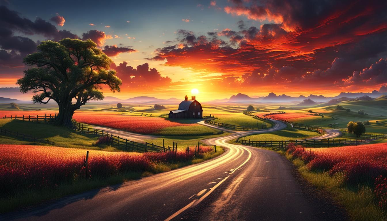 Dramatic Sunset Over Empty Country Road