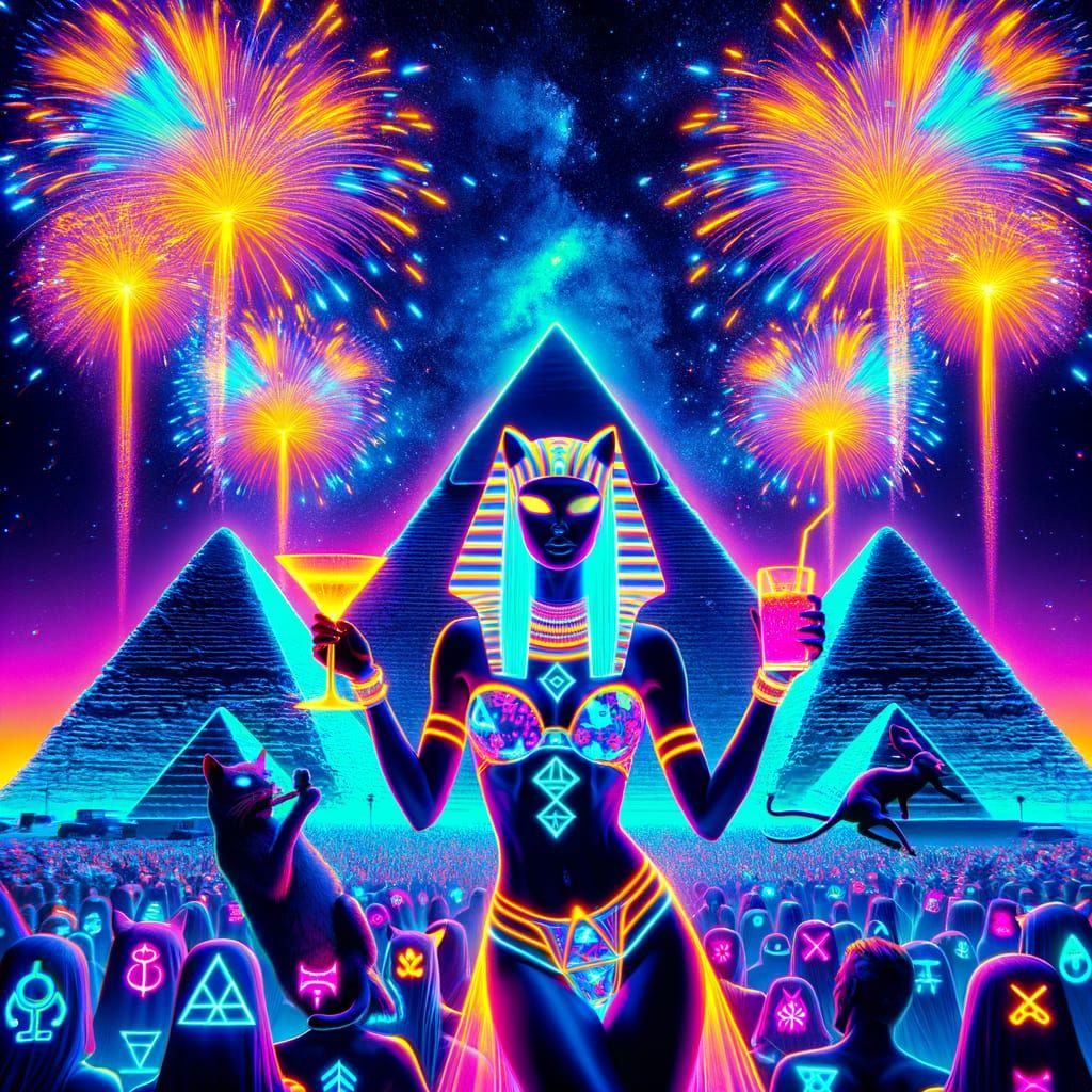 Cyberpunk Goddess Raves Under Giza's Neon Pyramids